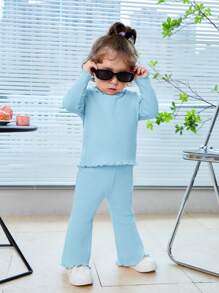 SHEIN Đứa bé gái Ren Mộc nhĩ Đồ đan Ribbed Áo thun - Màu xanh lam - Xem 3