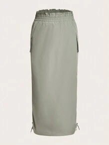 SHEIN EZwear 加蓋袋抽繩側工裝裙 - 綠色 - 查看 1