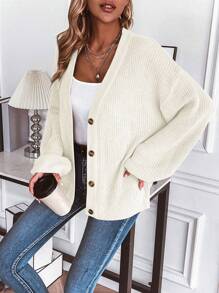 Selenza Spring & Summer White Lantern Sleeve Button Up Loose Knit Cardigan,Long Sleeve Tops Fall Winter Cloth For Women