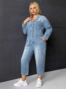 CovetEZ Hơn Dây kéo Túi nghiêng Denim Áo liền quần - Rửa nhẹ - Xem 4