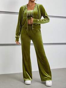 SHEIN EZwear 素色絲絨夾克和字母水鑽裝飾抹胸上衣和喇叭褲 - 軍綠色 - 查看 5
