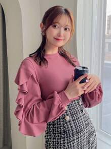 FRIFUL Chất rắn Viền Ruffle Tay áo Đèn lồng Cổ giả Áo nỉ - Màu Hồng Tươi - Xem 1