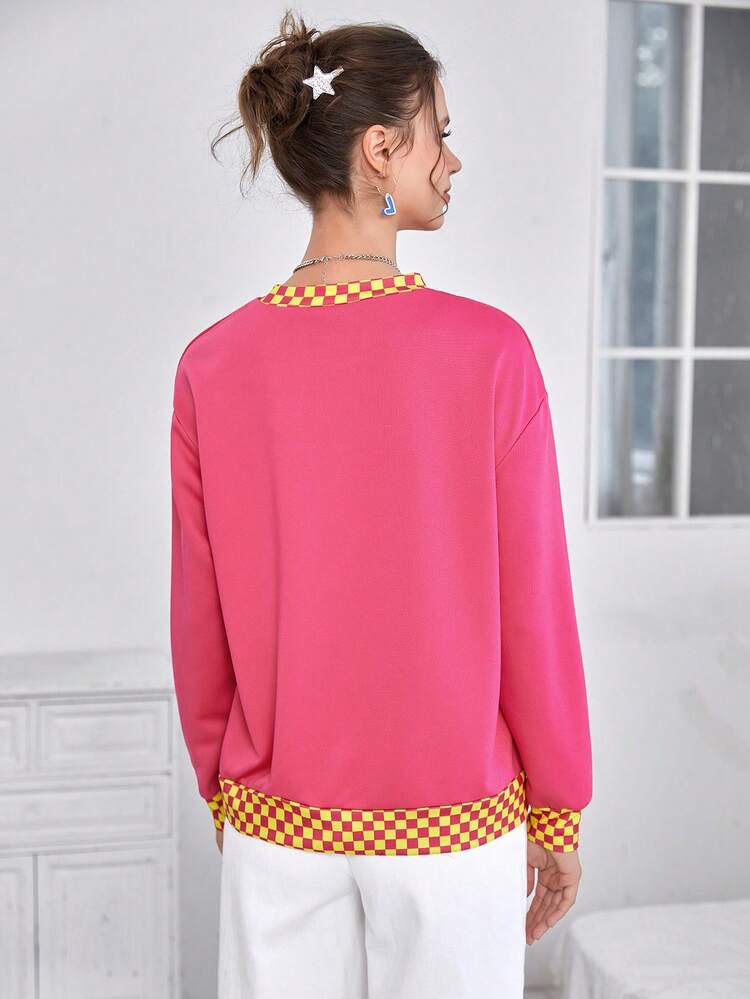 Cartoon & Letter Graphic Contrast Trim Drop Shoulder Sweatshirt