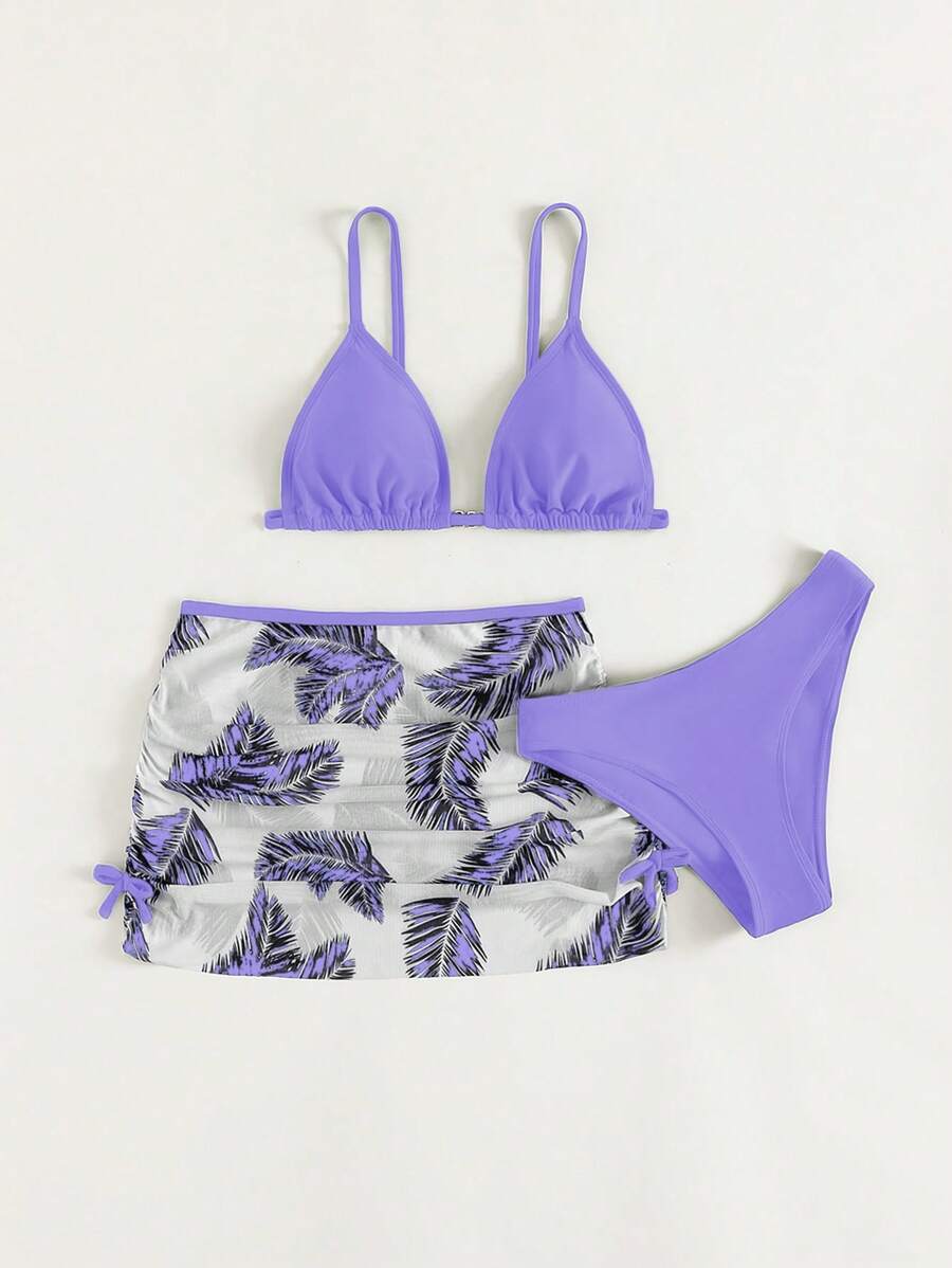Teen Girl Bikini Set With Tropical Print Beach Skirt Summer Beach - Purple - View 1