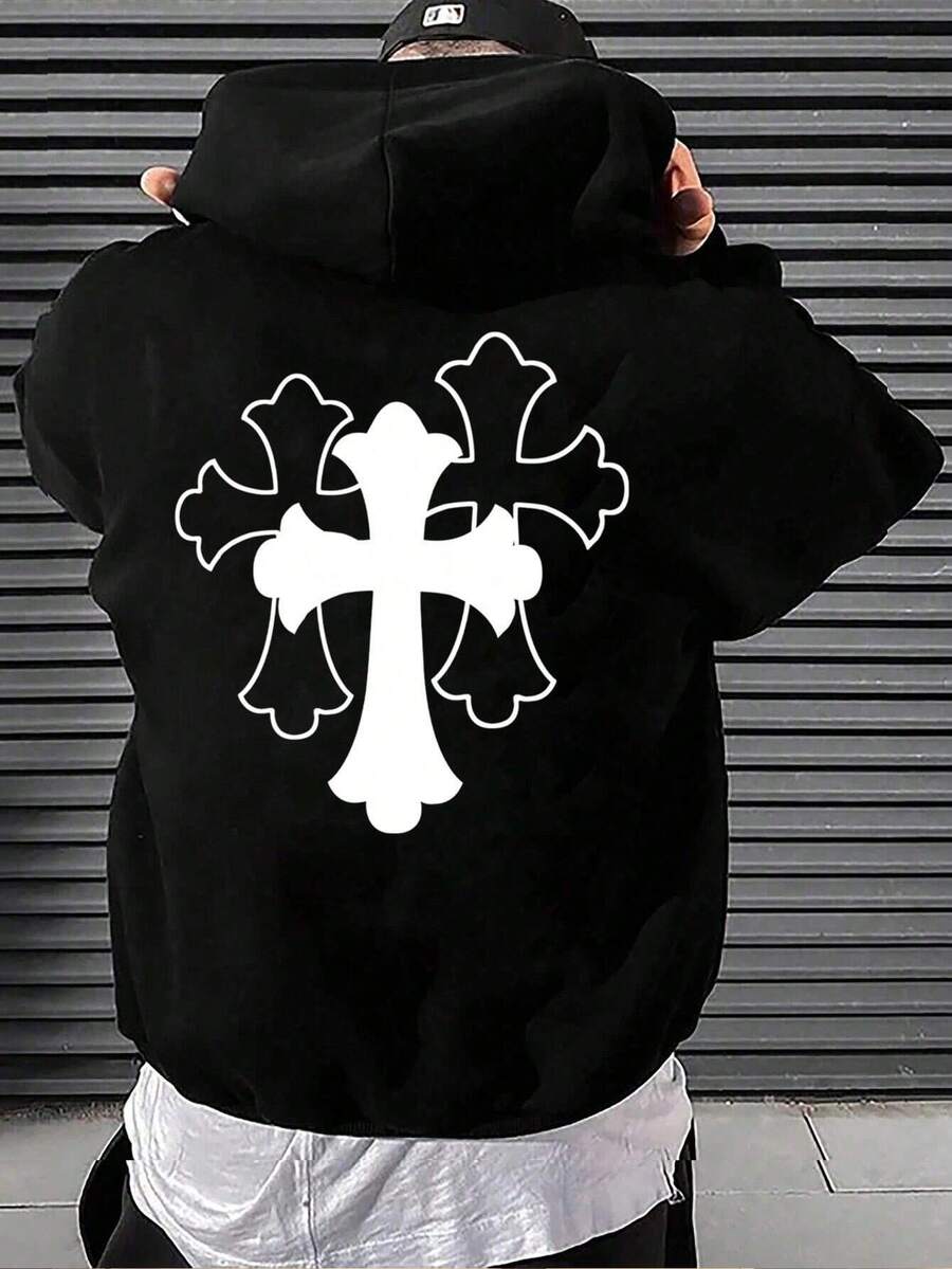 Manfinity LEGND 男士大码交叉印花抽繩連帽衫 - 黑色 - 查看 1