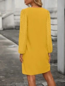 EMERY ROSE Solid V-neck Lantern Sleeve Dress - Ginger - View 2