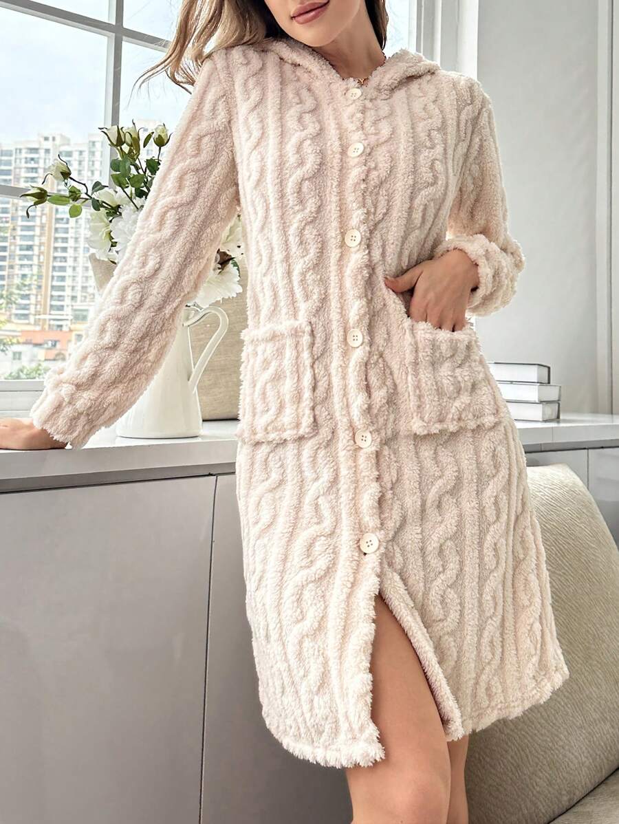 Túi Kép áo có mũ Flannelette Trường bào mặc nhà - Màu be - Xem 1
