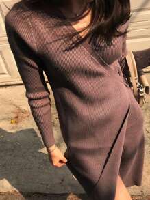 DAZY Chất rắn Surplice cổ Cà vạt Bọc Đồ đan Ribbed Đầm Áo len - màu nâu - Xem 8