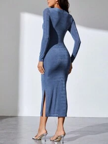 SHEIN Tall Solid Split Thigh Bodycon Dress - Blue - View 2