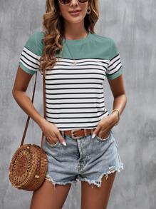 SHEIN LUNE Camiseta con estampado de rayas de cuello redondo - Azul Cadete - Ver 5