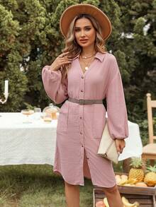 SHEIN LUNE Drop Shoulder Pocket Patched Button Front Shirt Dress - Pink - View 3