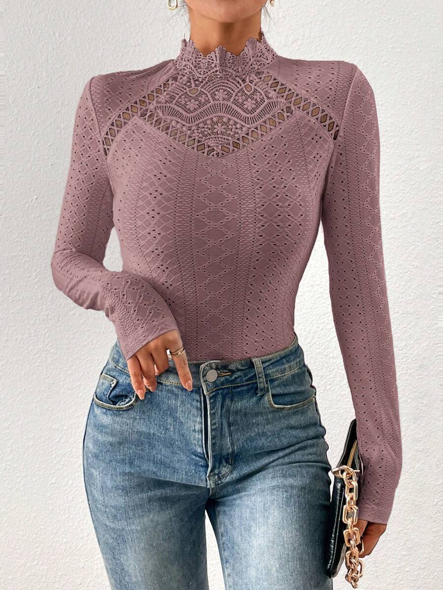 SHEIN Frenchy Guipure Lace Insert Mock Neck Eyelet Embroidery Bodysuit - Dusty Pink - View 1