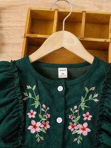 SHEIN Vintaside Kids Young Girl Floral Embroidery Ruffle Trim Flounce Sleeve Button Front Cord Dress Dark Green Dress For Young Girl