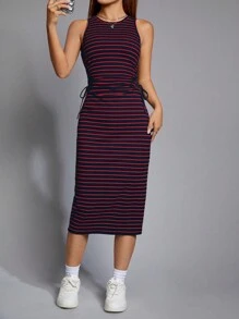 SHEIN EZwear 條紋印花高衩洋裝 - 紅色 - 查看 3