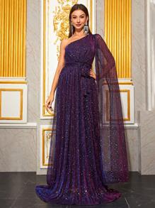YISIKADO One Shoulder Draped Side Belted Sequin Prom Dress - Purple - View 2