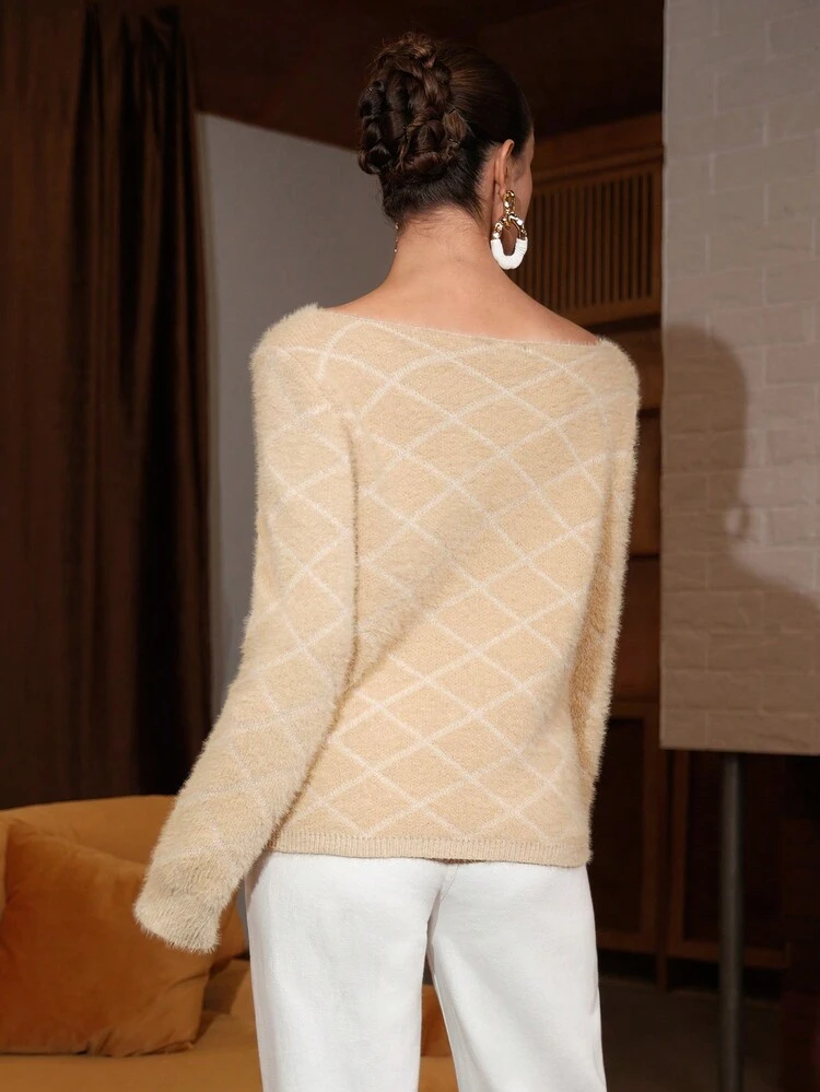 Boat Neck Geo Pattern Fuzzy Knit Pullover Fall Winter Sweater