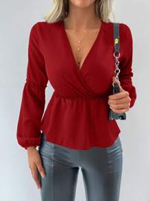 RueChic Surplice Neck Lantern Sleeve Peplum Blouse - Red - View 1