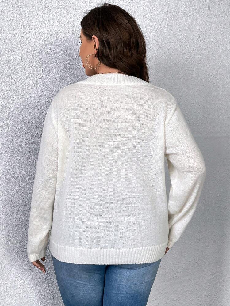 Plus Button Detail V Neck Sweater Knit Pullover Fall Winter Sweater