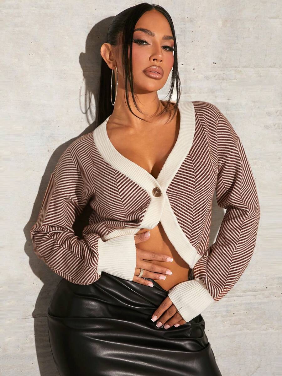 SHEIN SXY Contrast Trim Single Button Drop Shoulder Cardigan - Multicolor - View 1