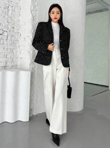 SHEINNeu Allover Print Button Front Tweed Jacket - Black - View 2
