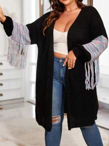 SHEIN Unity Plus Space Dye Drop Shoulder Fringe Trim Duster Cardigan - Black - View 2