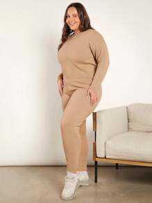 SHEIN BASICS Plus Drop Shoulder Sweater & Knit Pants - Khaki - View 4