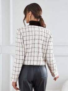 SHEIN Privé 格紋印花花卉圖案補丁貼開門襟花呢外套 - 白色 - 查看 2