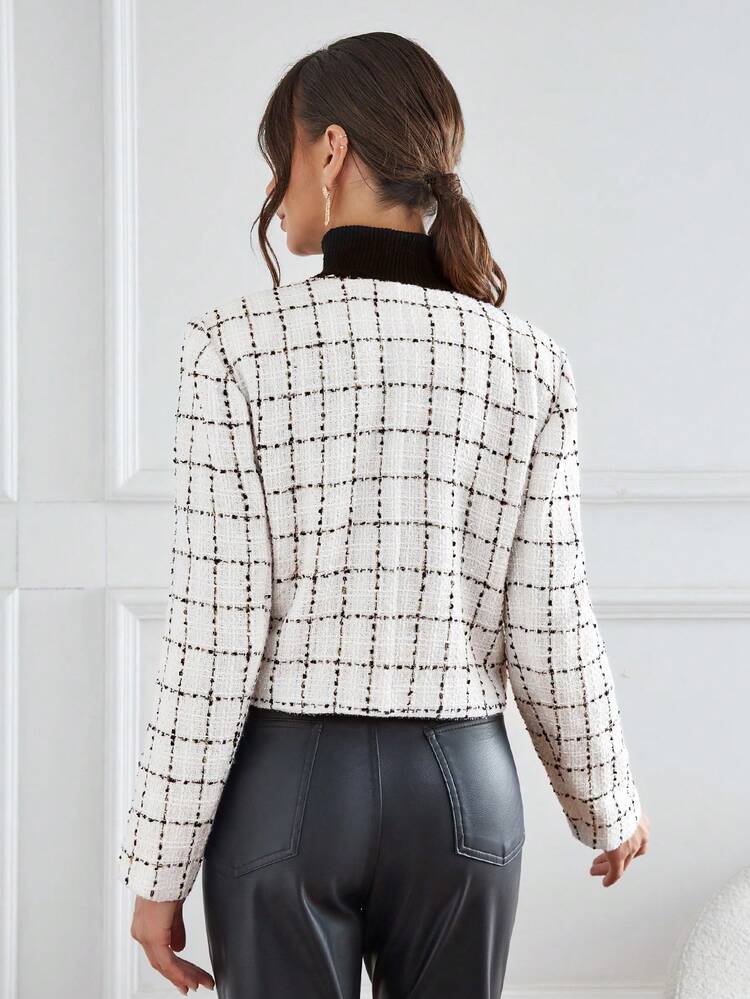 Plaid Print Floral Patched Open Front Overcoat