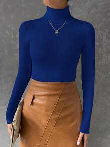 EURMUSE Jersey de cuello alto ajustado de unicolor casual, otoño/invierno - azul real - Ver 3