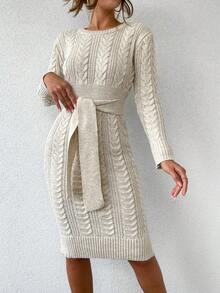 EURMUSE Cable Knit Belted Sweater Dress - Beige - View 3