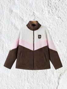 SHEIN EZwear Letter Embroidery Colorblock Drop Shoulder Teddy Coat - Multicolor - View 5