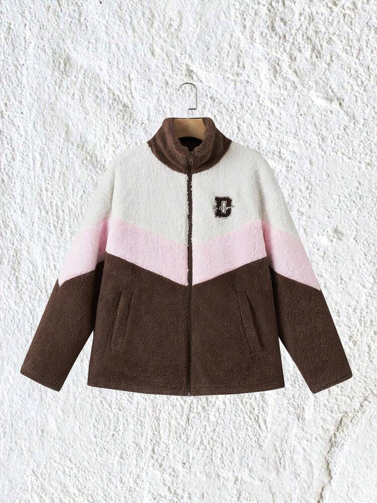 Letter Embroidery Colorblock Drop Shoulder Teddy Coat