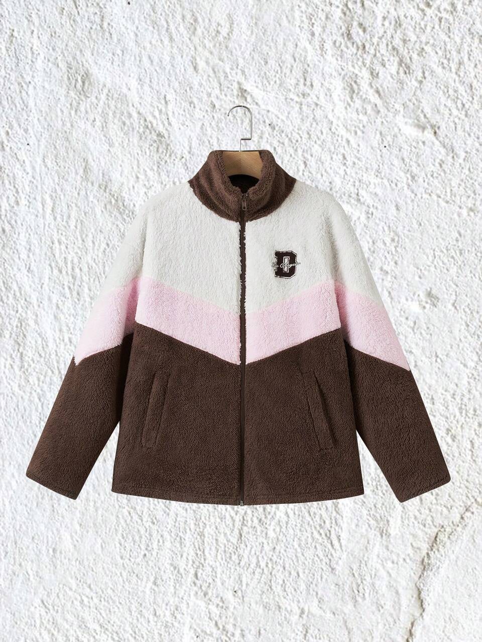 Letter Embroidery Colorblock Drop Shoulder Teddy Coat