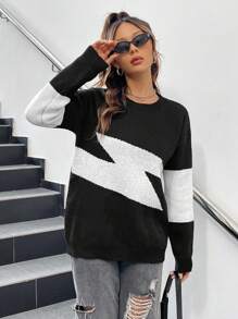 SHEIN EZwear Lightning Pattern Drop Shoulder Sweater - Black and White - View 6