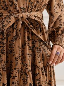 Mulvari Plus Ditsy Floral Print Lantern Sleeve Ruffle Hem Belted Dress - Multicolor - View 6