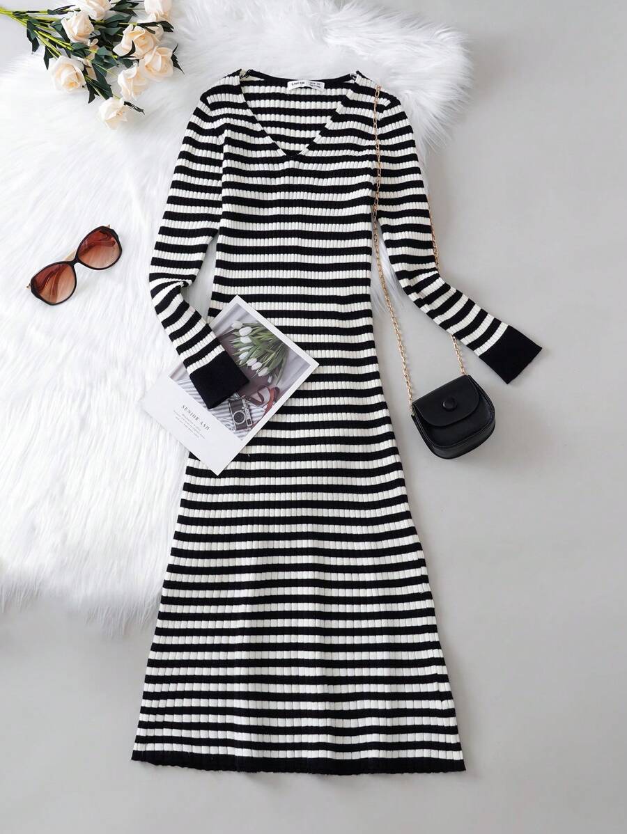 SHEIN Tween Girl Striped Pattern Sweater Dress - Beige - View 1
