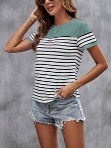 SHEIN LUNE Camiseta con estampado de rayas de cuello redondo - Azul Cadete - Ver 4