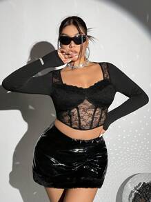 SHEIN ICON 大碼雞心領口拼接蕾絲短款T恤 - 黑色 - 查看 4