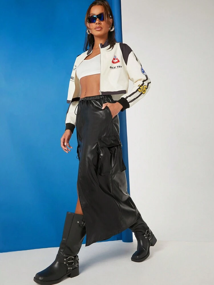 Split Front PU Leather Cargo Skirt