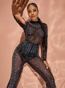 Rhinestone Detail Mesh Party Jumpsuit Without Lingerie - Black - View 5