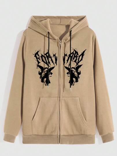 Academia Guys Letter & Figure Graphic Zip Up Drawstring Thermal Lined Hoodie