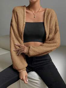 SHEIN Essnce Thả vai Mở Mặt trước Mùa vụ Áo Teddy Jackets - Lạc đà - Xem 1