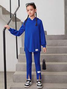 Cô gái Tween Thư được vá Tay Raglan áo có mũ Áo & Viền chia cắt Quần - Nhiều màu - Xem 2