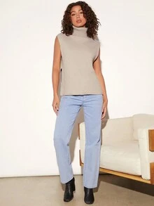 SHEIN BASICS Áo cao cổ Đồ đan Ribbed Áo len vest - Màu be - Xem 3