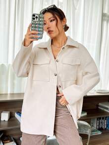 SHEIN EZwear Abrigo con bolsillo con solapa de hombros caídos - Albaricoque - Ver 2