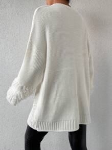 EURMUSE Fuzzy Panel Drop Shoulder Sweater Without Belt - White - View 3
