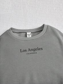 SHEIN Cô gái Tween Đồ họa Chữ cái Lót nhiệt Áo len & Quần nỉ - Màu Xám nhạt - Xem 4