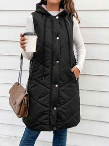 SHEIN LUNE 斜口袋抽绳连帽背心夹棉外套 - 黑色 - 查看 5