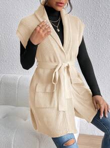 SHEIN Essnce 1入組青果領腰帶毛衣背心 - 米色 - 查看 6