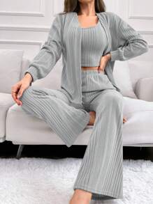 3pcs Solid Ribbed Knit Lounge Set - Light Grey - View 1